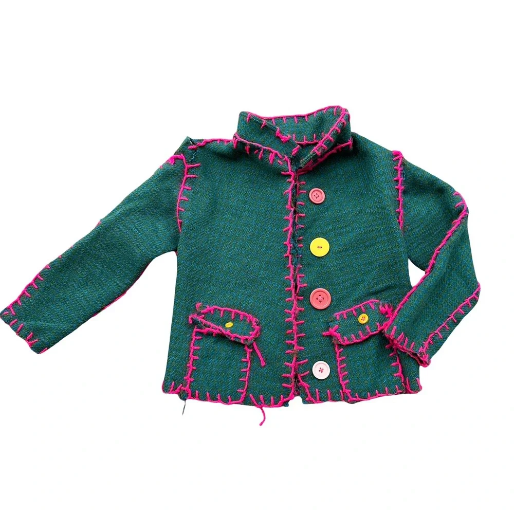 Harris Tweed Trench Coat Size 5 Green Pink Thrift Flip Virgin Wool Front Button
